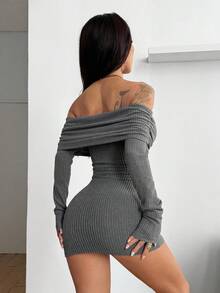 Coolane 女士秋冬街头风 Y2K 日常休闲罗纹针织弹力紧身露肩迷你连衣裙 - 灰色 - 查看 2