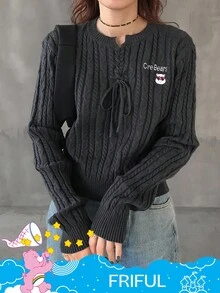 SHEIN X Care Bears FRIFUL Women's Casual Everyday Commute V-Neck Criss-Cross Tie Cartoon Embroidery Cable Knit Sweater