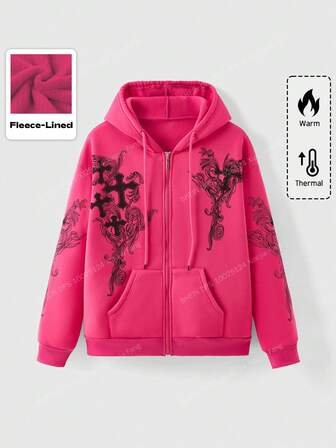 Grunge Punk Sweat-shirt zippé à capuche, manches longues avec imprimé croix et poche