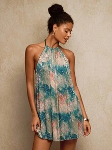 Travachic Váy ngắn hở lưng đính sequin chuyển màu gợi cảm thanh lịch - màu xanh lá - Xem 4