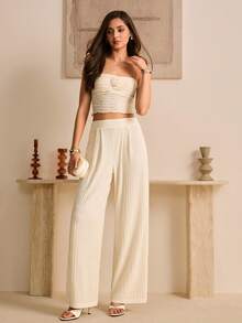 SHEIN Ladiora Women's Elegant High Waist Pleated Loose Straight Leg Pants, Textured Solid Color, Spring/Autumn - Apricot - View 3