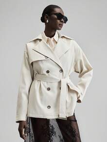 Ontre 女式米色风衣，都市现代风格，带翻领、腰带、收腰