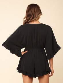 Coeurva Holiday Solid Color Batwing Sleeve, Ruffle Hem, Tie Waist Jumpsuit - Black - View 5