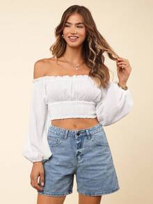Coeurva Off Shoulder Lantern Sleeve Shirred Hem Blouse - White - View 3