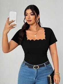 Elenzga 大码时尚休闲黑色方领修身T恤