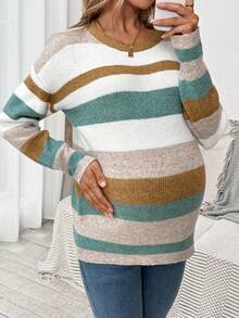 SHEIN 孕妇休闲宽松条纹圆领落肩长袖毛衣，秋季孕妇毛衣女毛衣针织毛衣秋季毛衣女条纹毛衣 - 彩色 - 查看 6