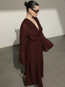 Aveloria Modichic Plus Size Women V-Neck Long Sleeve Dress, European And American Style - Mocha Brown - View 6