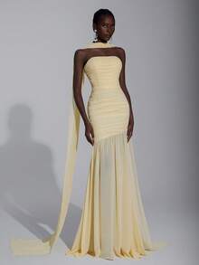 Elitara Elegant Cream Yellow Simple & Chic Chiffon Halter Neck (Detachable Sequins) Bust Ruched Hem Mesh Sheer Fishtail Dress, Suitable For Dates, Vacation, Weddings, Bridesmaid Events