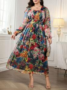 Reflora Đầm dự tiệc dài tay đèn lồng cổ vuông cổ điển lãng mạn cỡ lớn sang trọng in hoa - Nhiều màu - Xem 4