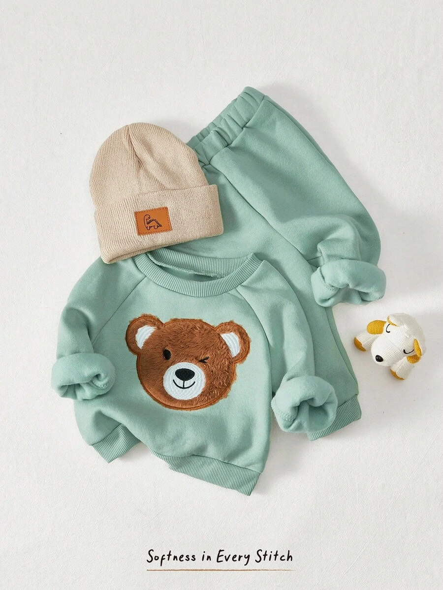 Cozy Pixies 2pcs Baby Boy Cute Bear Embroidered Crew Neck Sweatshirt And Jogger Pants Set - Green - View 1