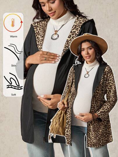 Boho Mama Pregnant Women's Leopard Print Reversible Zip-Up Hoodie Casual Jacket