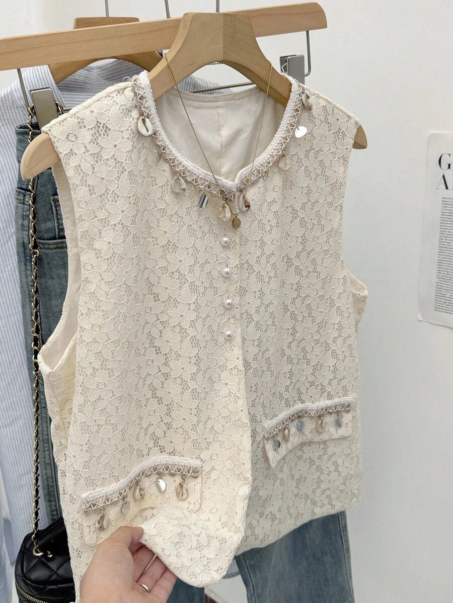 SHEIN Frenchy Áo khoác không tay nữ màu trơn, kiểu dáng thường ngày, có họa tiết ren và mặt dây chuyền, thích hợp cho mùa thu/đông. - trắng - Xem 1