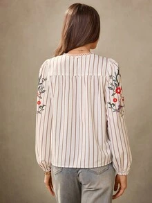 Wildy 新款秋季刺绣美式乡村休闲花卉条纹印花圆领长袖教师工作衬衫，牛仔西部衬衫 - 彩色 - 查看 5