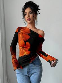 Firerie 休闲花卉印花露肩长袖修身女式T恤，适合秋季 - 黑色 - 查看 4