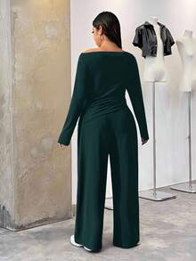 SHEIN EZwear 2 pezzi Tuta in maglia verde con manica lunga e pantaloni, vestibilità slim, taglie comode per donna