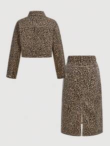 SHEIN 2pcs/Set Tween Girls Casual Leopard Print Denim Collar Long Sleeve Denim Jeans Jacket And Jeans Skirt Set,Girls Fall Winter Co Ord Twopieces Outfits,Teacher Outfits For Girl,Back To School Outfits Girls,Business Casual Outfits Girl,High-Waisted Long Denim Two Pieces With All Over Leopard Print For Teens,Teen Girls Brown Leopard Print Wide Leg Denim Jeans For Streetwear Style - Brown - View 3