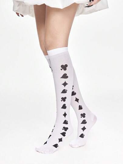 Grunge Punk 1 Pair Gothic Style Black & White Playing Card Element Over-The-Knee Socks