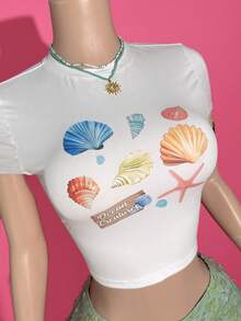 Slaydiva Conjunto coordinado de top corto de punto elástico blanco con estampado de conchas de colores y shorts mini de cintura baja con lentejuelas 3D en azul-verde, estilo casual de fiesta de vacaciones en la playa, festival de música y reunión de hermanas, nueva primavera/verano 2025