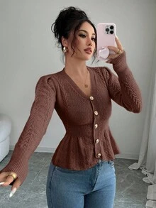 Elenzga Women's Elegant Ruffled V-Neck Waist Fitted Knit Cardigan Sweater, Suitable For Holiday & Vacation, Autumn/Winter - Coffee Brown - View 6