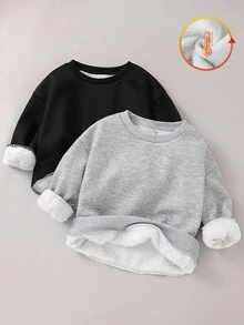 2 件 BASICS 年轻女孩休闲百搭舒适蓬松内衬圆领宽松长袖套头衫，2 种款式，每种 1 件，适合通勤、上学、日常休闲、旅行、运动、秋冬 - 彩色 - 查看 4