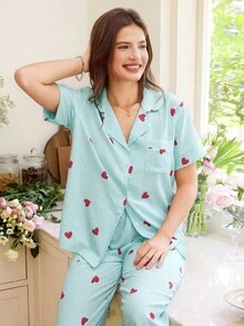 SHEIN 条纹心形印花翻领短袖女士睡衣套装女士睡衣套装心形睡衣套装夏季睡衣套装女士睡衣套装舒适优雅细节 - 薄荷藍 - 查看 3