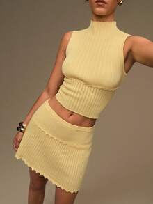 SHEIN BAE 女士休闲纯色时尚高领无袖毛衣 - 黃色 - 查看 6