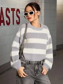 Sparklyn 少女时尚休闲百搭黑白条纹毛衣，少女毛衣，少女上衣，少女长袖毛衣，秋冬季 - 灰色 - 查看 5
