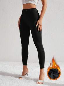 SHEIN ICON 女式高腰紧身休闲百搭牛仔裤 - 黑色 - 查看 4