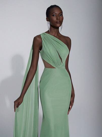 Elitara Elegant Long Backless Mesh Green Maxi One Shoulder Dress, Suitable For Vacation, Ball, Party, Date, Wedding Events As Bridesmaid Dress, Valentine's Day