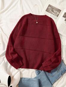 SHEIN EZwear 大码女式纯色休闲宽松圆领长袖毛衣 - 酒紅色 - 查看 1