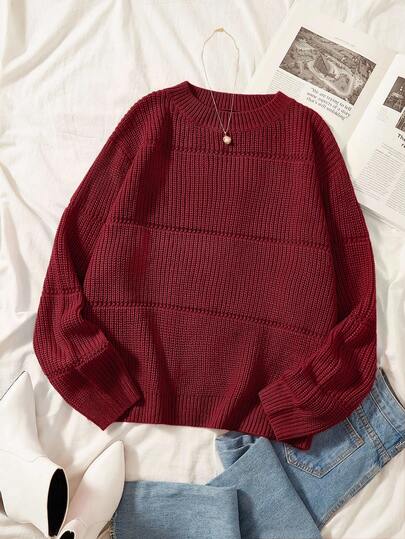 SHEIN EZwear Plus Size Women's Solid Color Casual Loose Fit Crew Neck Long Sleeve Sweater/Winter