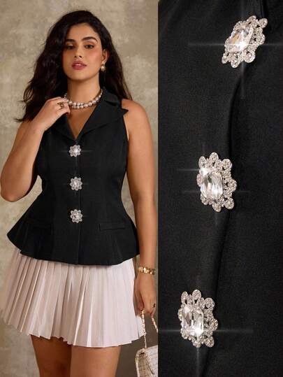 Flirla Plus Size Women's Lapel Collar Sleeveless Solid Color Open Front Faux Diamond Decor Waist Flared Blazer Rhinestone Top Formal Top Sleeveless Tops For Women Dressy Tops For Women Plus Size Formal Tops