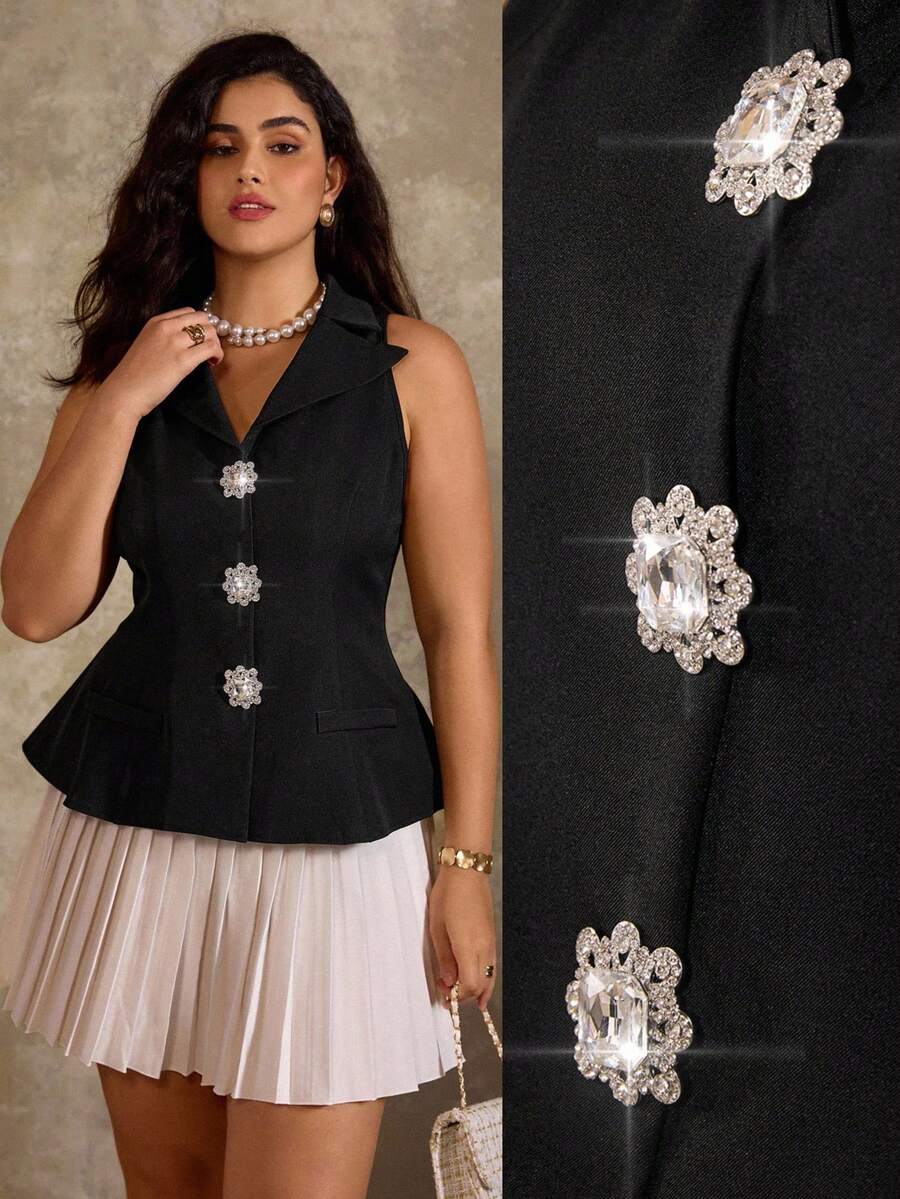 Flirla Blazer de mujer talla grande con cuello de solapa, sin mangas, de unicolor, con abertura frontal, decoración de diamantes falsos y cintura acampanada