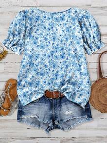 SHEIN LUNE 女士休闲花卉图案方领印花衬衫，适合春夏季度假 - 藍色 - 查看 2