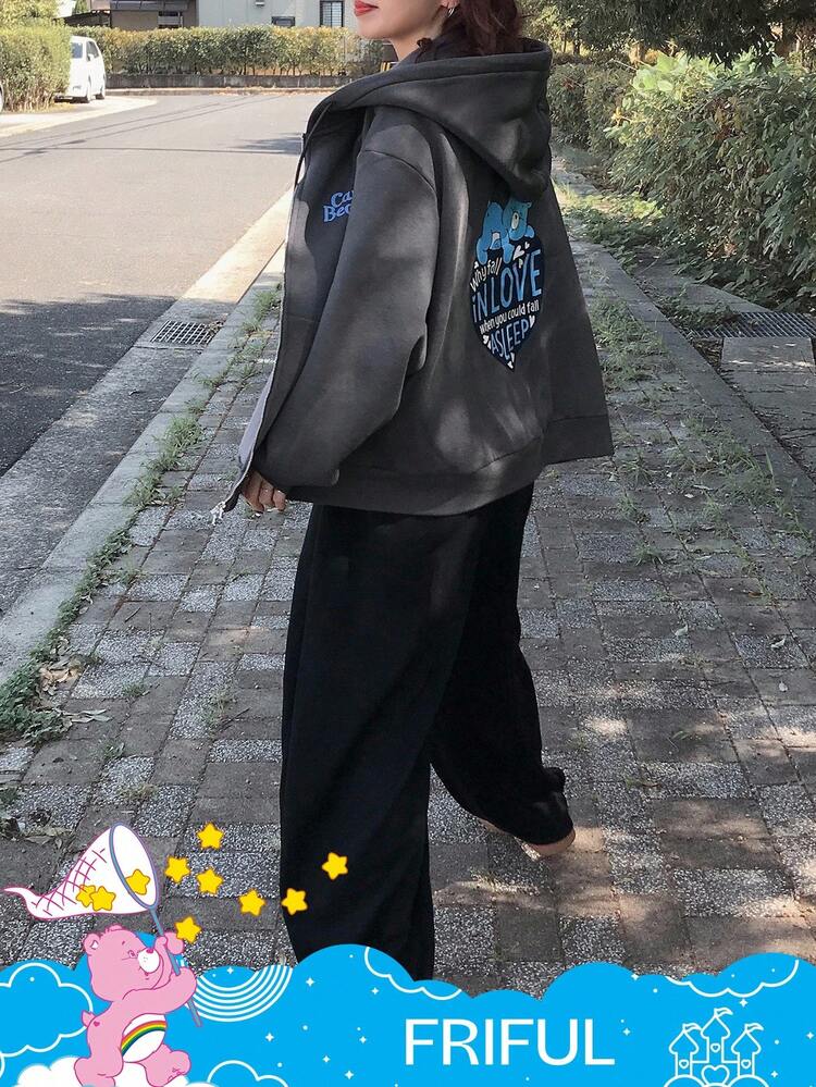 FRIFUL SHEIN X Care Bears 女士休闲日常通勤卡通熊标语图案拉链抽绳连帽抓绒卫衣外套，冬季 - 灰色 - 查看 5