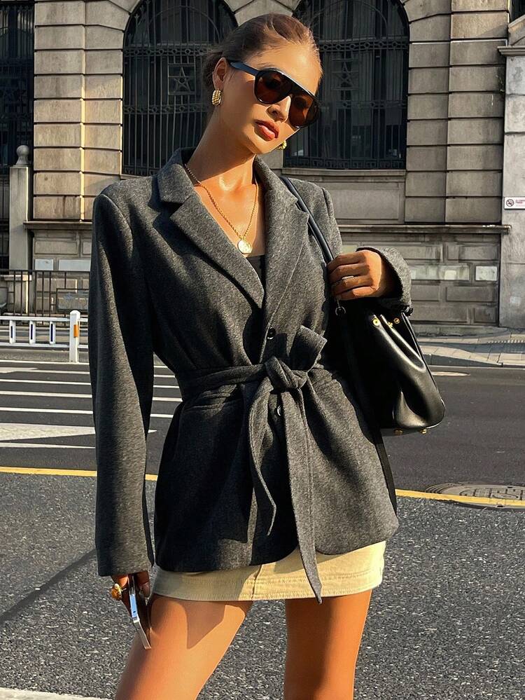 Women's Casual Solid Color Belted Blazer, Autumn Business Attire