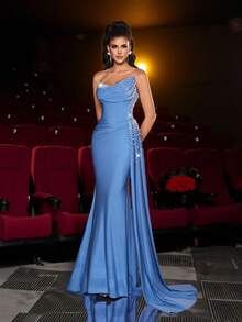 Glamrae 优雅奢华的烟雾蓝色手工珍珠不对称领褶流线型美人鱼下摆女士正式晚礼服 - 霧霾藍 - 查看 3