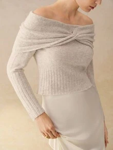 Cévolie Women's Solid Color Twist Knot Off Shoulder Long Sleeve Sweater, Fashionable For Autumn