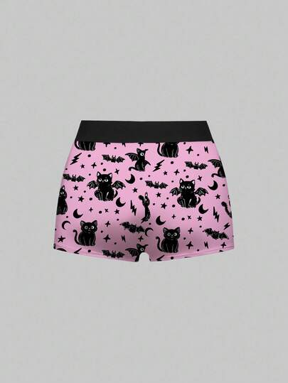 Goth Calzoncillos elásticos de cintura negros con estampado completo de gato negro, murciélago, estrella y luna