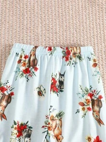 SHEIN 2pcs Baby Girls' Bow Lace Trim Rabbit Print Long Sleeve Top And Pants Pajama Set Fall Winter - Baby Blue - View 4