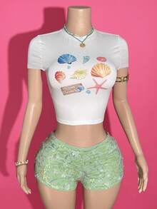 Slaydiva Conjunto coordinado de top corto de punto elástico blanco con estampado de conchas de colores y shorts mini de cintura baja con lentejuelas 3D en azul-verde, estilo casual de fiesta de vacaciones en la playa, festival de música y reunión de hermanas, nueva primavera/verano 2025