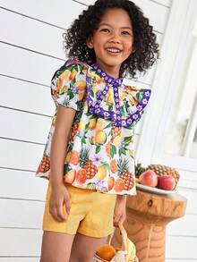 SHEIN 2pcs Young Girl Tropical Fruit Pattern Ruffle Collar Short Sleeve Top & Shorts Set,Elegant Summer,Matching,Family Vacation,Holiday Outfits For Party - Multicolor - View 3