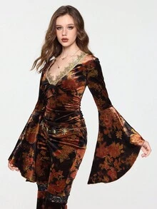 ROMWE EDITION Damen Vintage Blumen Allover-Muster Kontrast Spitze Glockenärmel V-Ausschnitt figurbetontes Samt Top, Halloween Hexen Thema, Herbst/Winter - Verschiedenfarbig - Übersicht 10