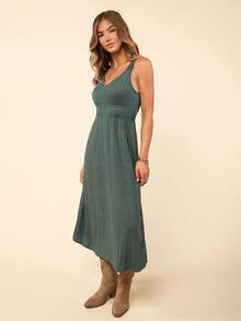 Coeurva Váy ôm sát lưng không tay màu trơn đi nghỉ mát dành cho nữ, váy mùa hè, đi biển - màu xanh lá - Xem 5