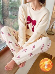Genkimix Kids 1 套少女蝴蝶结装饰奶油色长袖蓬松毛衣 + 蝴蝶结缀饰毛绒睡裤，弹力针织面料，可机洗，舒适合身的家庭装（1 套单独出售） - 彩色 - 查看 3