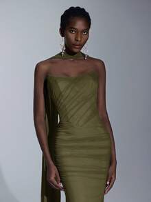 Elitara Elegant Luxurious Light Blue Elastic Mesh Boat Neck Full Ruffle Sequin Bridesmaid Dress - Army Green - View 4