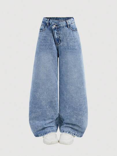 SHEIN Girlism 千禧年女孩时尚休闲复古蓝色牛仔斜腰设计宽松舒适牛仔裤，柔软舒适，适合日常穿着，四季皆宜。秋冬季少女服装。