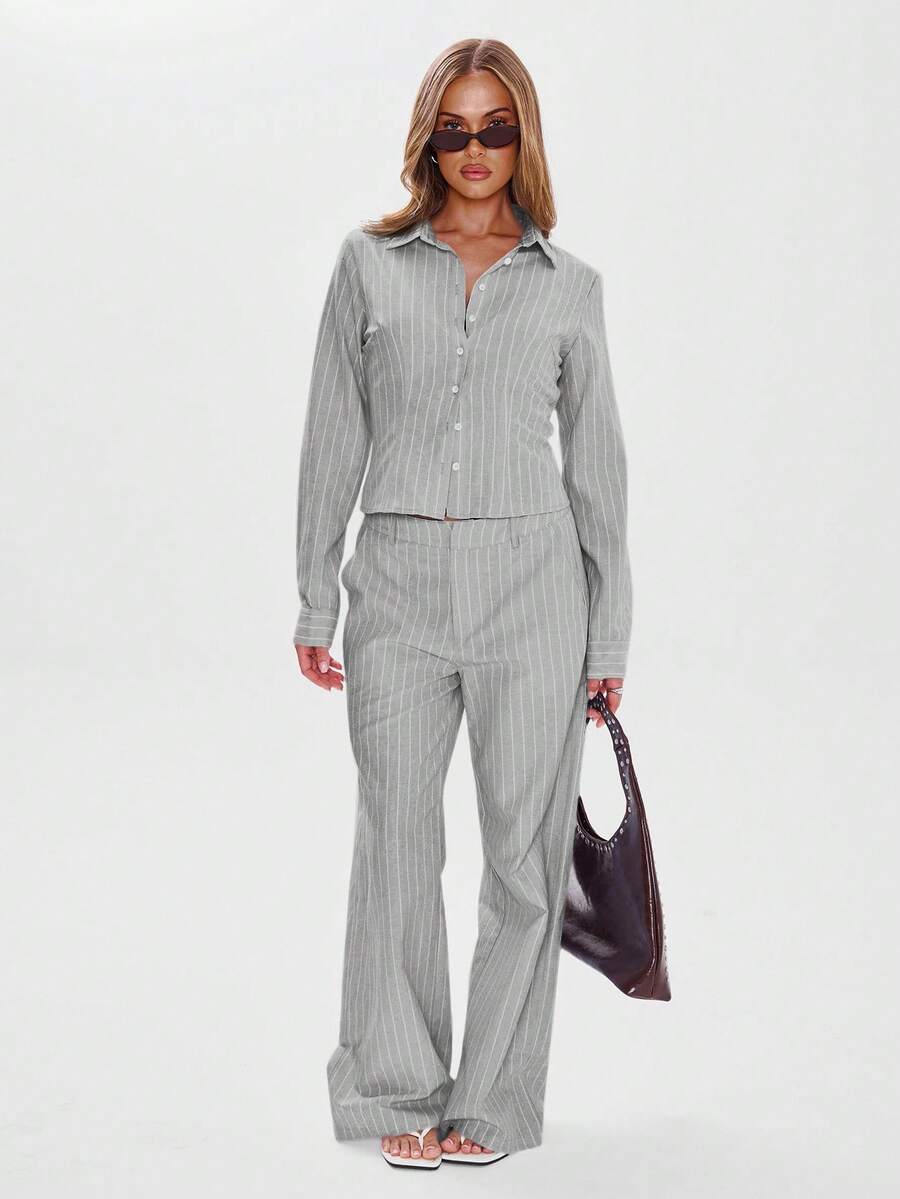 MUSERA 修身中腰细条纹直筒裤,优雅商务休闲风,适合度假、秋冬、工作、办公室、约会、外出、返校、婚礼宾客等各种场合,打造可爱日常胶囊衣橱,春夏皆宜。 - 灰色 - 查看 1