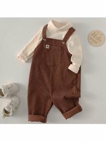 Loomiva 2件套男婴纯色针织柔软圆领长袖套头衫和吊带裤套装 - 杏色 - 查看 3