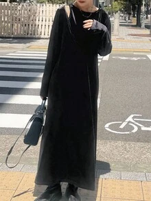 FRIFUL 女士天鹅绒无袖拼接宽松直筒长连衣裙，秋季 - 黑色 - 查看 2